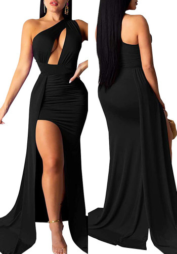 Summer Women Black One Shoulder Cut Out Slit Long Evening Dress