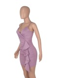 Summer Women Purple Strap Ruffles Mini Club Dress