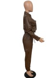 Conjunto de dos piezas de pantalón y top corto de manga larga de cuero marrón para mujer de primavera