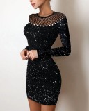 Spring Women Black Beaded Long Sleeve Mini Club Dress