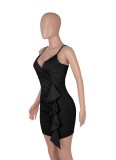 Summer Women Black Strap Ruffles Mini Club Dress