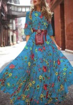 Летнее женское синее длинное праздничное платье макси с цветочным принтом