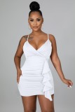 Summer Women White Strap Ruffles Mini Club Dress