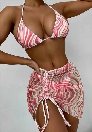 Costume da bagno a tre pezzi per bikini con stampa a righe multicolori da donna