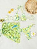 Women Light Green Bikini Halter Striped Print 3 Piece Swimsuit