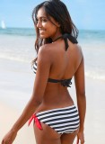 Women Black and White Halter Striped Print Bow Two Piece Swimwear