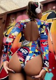 Women Printed Long Sleeve O-Neck Character Print One Piece Swimsuit