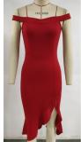 Women Summer Red Romantic Off-the-shoulder Sleeveless Solid Midi Mermaid Club Dress