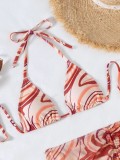 Women Brown Bikini Halter Striped Print 3 Piece Swimsuit