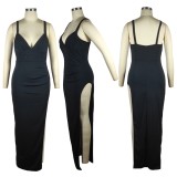 Women Summer Black Sexy V-neck Sleeveless Solid Silt Asymmetrical Evening Dress