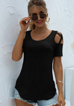 Frauen-Sommer-Schwarz-beiläufiger O-Ausschnitt mit kurzen Ärmeln, solide, aushöhlen, normales T-Shirt