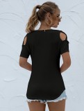 Women Summer Black Casual O-Neck Short Sleeves Solid Hollow Out Regular T-Shirt
