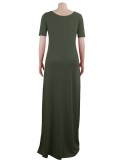 Women Summer Green Casual V-neck Short Sleeves Print Loose Maxi Dress