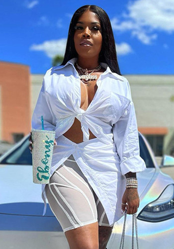 Women Spring White Turn-down Collar Full Sleeves Solid Tied Long Shirt