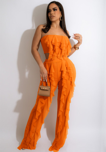 Women Summer Orange Vintage Strapless Sleeveless High Waist Solid Mesh Ruffles Loose Two Piece Pants Set