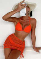 Traje de baño de 3 piezas sólido con cuello halter naranja para mujer