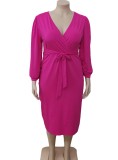 Women Spring Rose Wrap V-neck Puff Full Sleeve Belted Plus Size Midi Dress