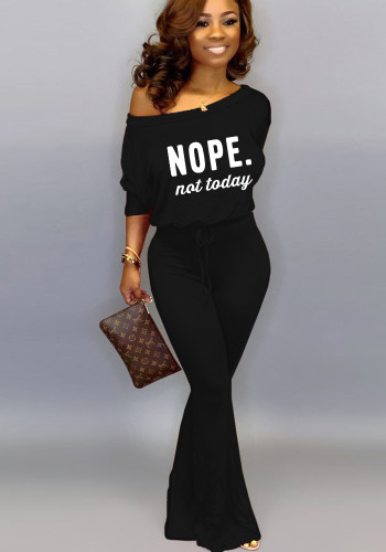 Women Spring Black Casual Slash Neck Batwing Sleeve Letter Print Full Length Loose Jumpsuit