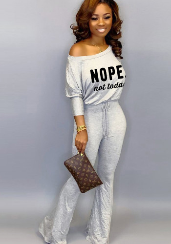 Women Spring Grey Casual Slash Neck Batwing Sleeve Letter Print Full Length Loose Jumpsuit
