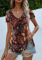 Women Summer Brown Casual V-neck Short Sleeves Floral Print Loose T-Shirt