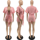Frauen-Sommer-Rosa-reizvoller V-Ausschnitt mit kurzen Ärmeln, bauchfreies Oberteil mit Gürtel, zweiteiliges Shorts-Set