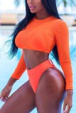 Women Orange Cover-Up Halter Solid Long Sleeve 3 Piece Swimsuit