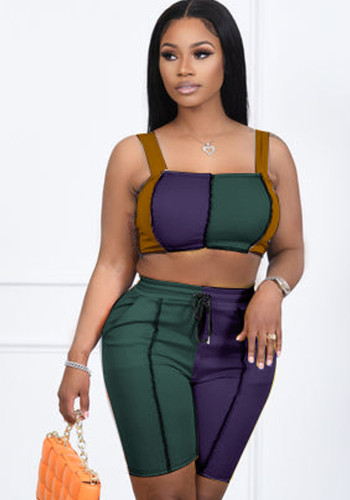 Women Summer Purple Casual Straps Sleeveless High Waist Color Blocking Skinny Two Piece Shorts Set