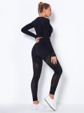 Women Spring Black O-Neck Full Sleeves High Waist Solid Hollow Out Skinny Yoga Top and Leggings Two Piece Pants Set