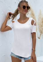 Frauen Sommer Weiß Casual O-Neck Short Sleeves Aushöhlen Regular T-Shirt