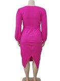 Women Spring Rose Wrap V-neck Puff Full Sleeve Belted Plus Size Midi Dress
