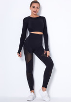 Women Spring Black O-Neck Full Sleeves High Waist Solid Hollow Out Skinny Yoga Top and Leggings Two Piece Pants Set