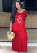 Kadın Yaz Kırmızı V Yaka Kısa Kollu Baskı Gevşek Maxi Elbise