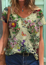 Damen Sommer Lässig V-Ausschnitt Kurzarm Blumendruck Loses T-Shirt