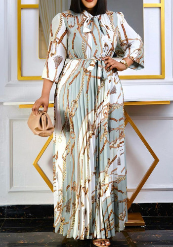 Women Spring White Vintage Bow Full Sleeves Chain Print Belted Maxi Pleated Plus Size Long Dress