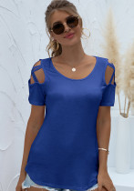 Women Summer Blue Casual O-Neck Short Sleeves Solid Hollow Out Regular T-Shirt