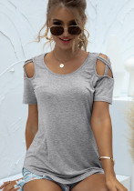 Damen Sommer Grau Casual O-Neck Short Sleeves Solide Aushöhlen Regular T-Shirt