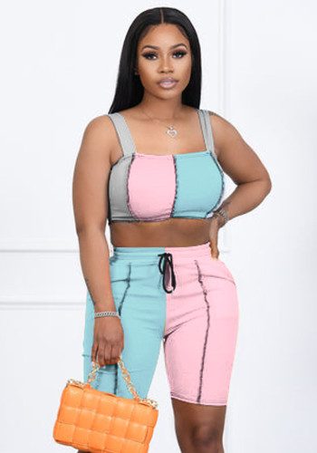Women Summer Pink Casual Straps Sleeveless High Waist Color Blocking Drawstring Skinny Two Piece Shorts Set
