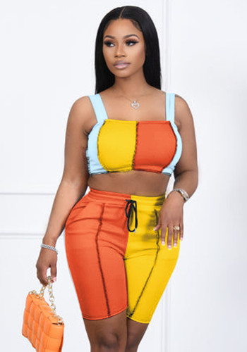 Women Summer Yellow Casual Straps Sleeveless High Waist Color Blocking Drawstring Skinny Two Piece Shorts Set