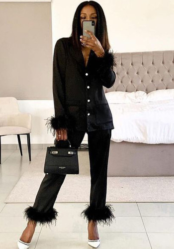 Kadın Bahar Siyah Tüy Düğme İki Parça Pijama Takımı