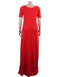 Women Summer Red V-neck Short Sleeves Print Loose Maxi Dress