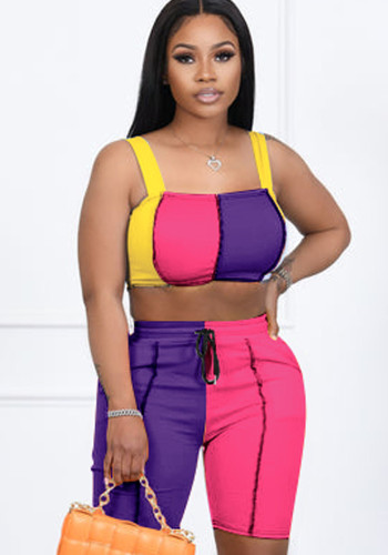 Women Summer Rose Casual Straps Sleeveless High Waist Color Blocking Drawstring Skinny Two Piece Shorts Set