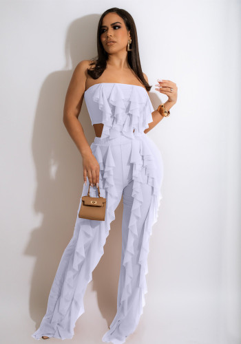 Women Summer White Vintage Strapless Sleeveless High Waist Solid Mesh Ruffles Loose Two Piece Pants Set