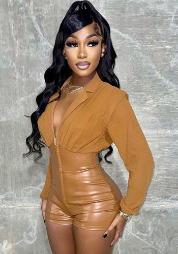 Women Spring Khaki Sexy Turn-down Collar Full Sleeves Solid PU Leather Zippers Above Knee Skinny Rompers