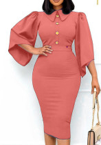 Mujer verano rosa elegante cuello vuelto media manga sólido Midi lápiz de talla grande vestido de oficina