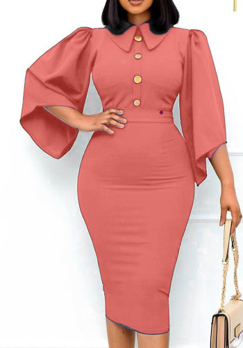 Women Summer Pink Elegant Turn-down Collar Half Sleeves Solid Midi Pencil Plus Size Office Dress