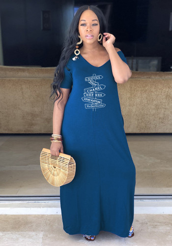 Women Summer Blue Casual V-neck Short Sleeves Print Loose Maxi Dress