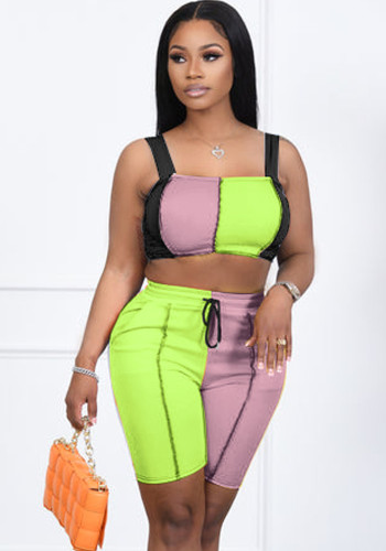 Women Summer Green Casual Straps Sleeveless High Waist Color Blocking Drawstring Skinny Two Piece Shorts Set