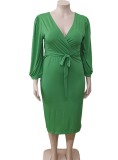 Women Spring Green Wrap V-neck Puff Full Sleeve Belted Plus Size Midi Dress