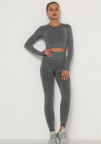 Women Spring Grey O-Neck Full Sleeves High Waist Solid Skinny Yoga Top and Leggings Two Piece Pants Set