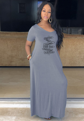 Women Summer Grey Casual V-neck Short Sleeves Print Loose Maxi Dress